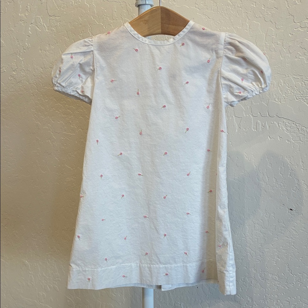 White Puff-Sleeve Kids Tee with Pink Dot Embroidery